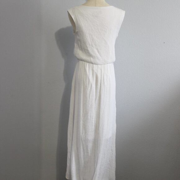 AB Studio White Pleated Maxi Dress Embroidered Neckline Waterfall Hem Size M - Picture 9 of 12